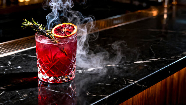 Smoked herbal mocktail with charred rosemary garnish