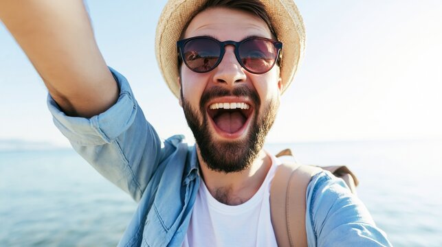 Joyful Beach Selfie Under a Bright Sunny Sky