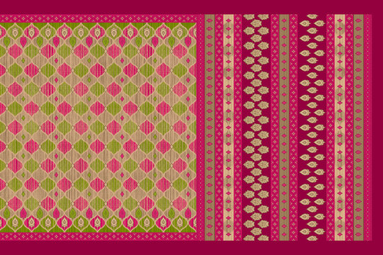 Traditional Indian Saree Layout with Ethnic Decorative Patterns and Ornate Galo Pallav Border Textile Print