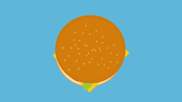 Animated Flat Design Cheeseburger Assembly and Eating Stop Motion Sequence, Top View Concept on Blue Background