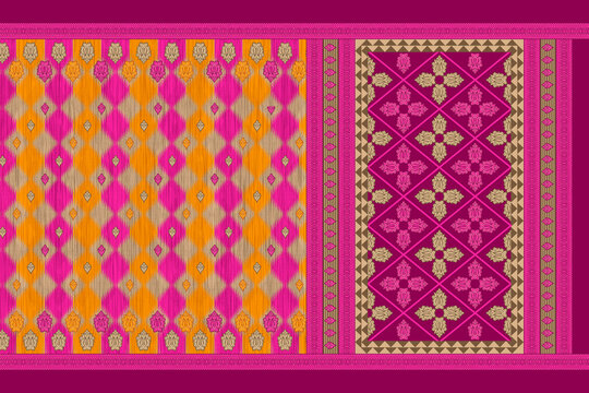 Traditional Indian Saree Layout with Ethnic Decorative Patterns and Ornate Galo Pallav Border Textile Print