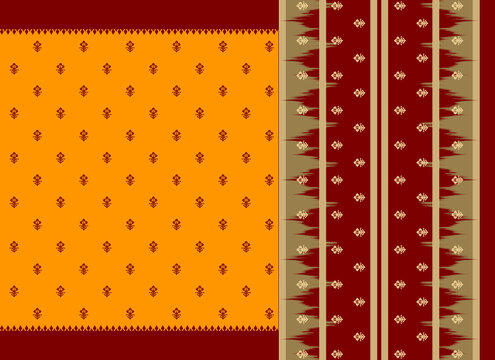 Traditional Indian Saree Layout with Ethnic Decorative Patterns and Ornate Galo Pallav Border Textile Print