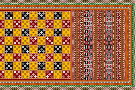 Traditional Indian Saree Layout with Ethnic Decorative Patterns and Ornate Galo Pallav Border Textile Print