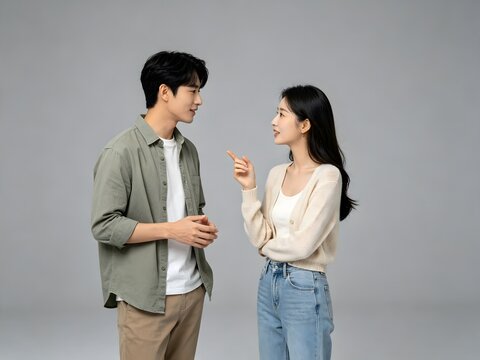 Young asian couple talking and interacting in studio