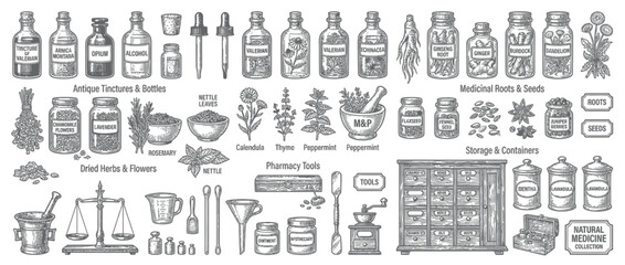 Fototapeta premium Vintage Pharmacy Collection: Herbs, Bottles, and Tools