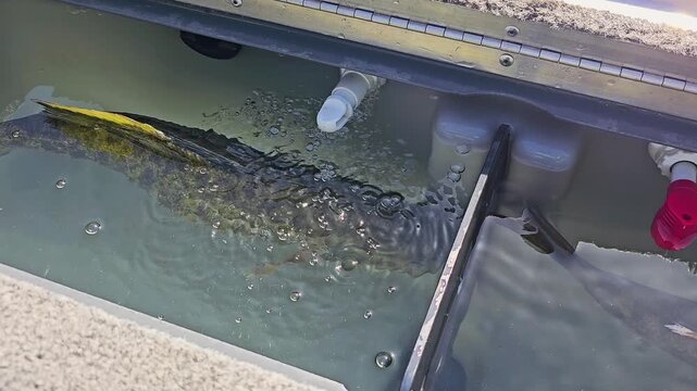 Overhead view of smallmouth bass swimming in an aerated live well, with red and white drain fittings, clear water, gray compartment, and sport fishing details.