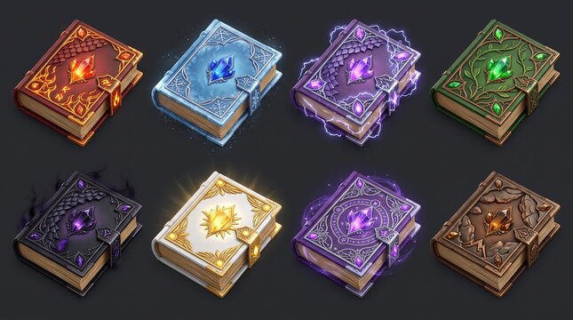 Each spellbook represents a different magic element fire, frost, lightning, nature, shadow, light, arcane, and earth