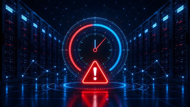 Urgent system failure warning and glowing red clock in a dark futuristic server room indicating a cyber security alert and network timeout