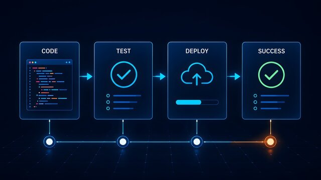 Software development lifecycle and continuous integration concept showing a digital workflow timeline from coding and testing to deployment and success