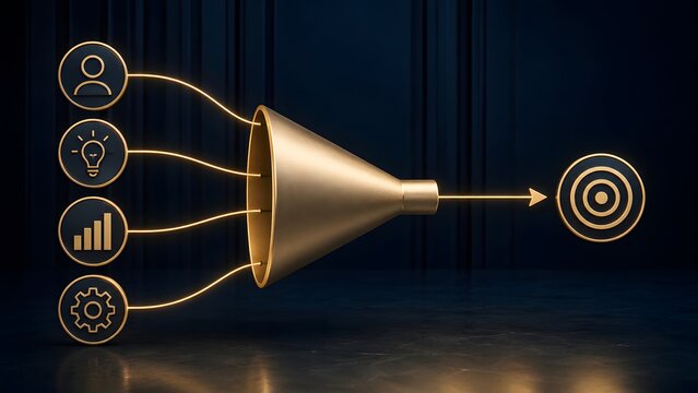 Golden business marketing funnel concept transforming ideas and data into a successful target goal on a dark background