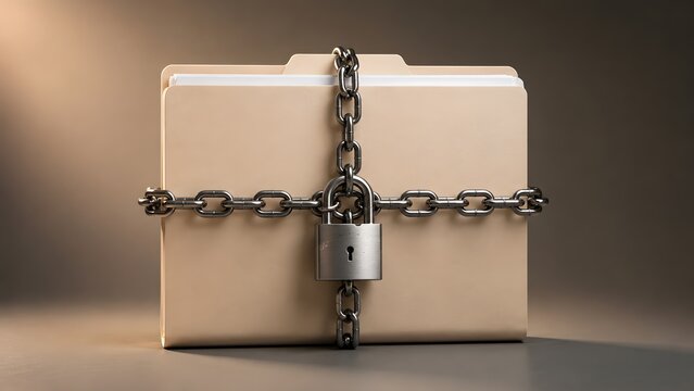 Top secret confidential document folder wrapped in heavy metal chains and locked with a padlock for maximum security