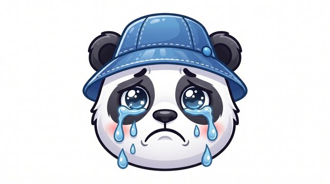 Cute sad crying panda bear head cartoon mascot with blue bucket hat isolated on white background