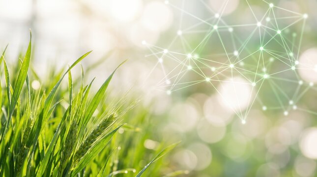 Green wheat field with digital network connection overlay, smart agriculture, internet of things in farming, technological innovation in nature, sustainable food production