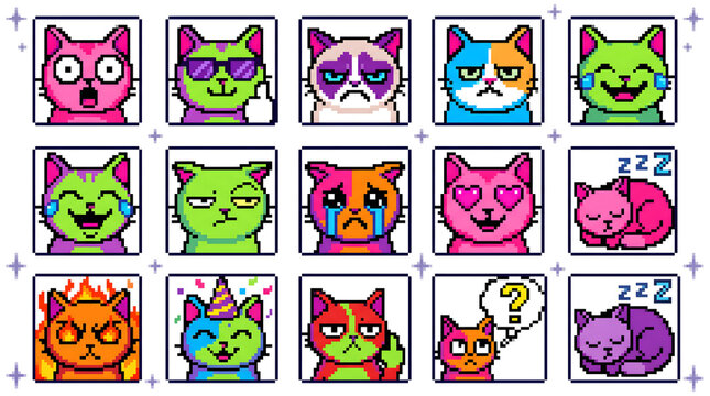 Pixel Art Pixelated Cat Emotes Grid Showing Various Emotional Expressions