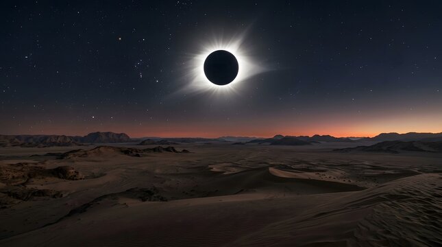 Dramatic total solar eclipse over desert landscape with starry night sky and glowing corona