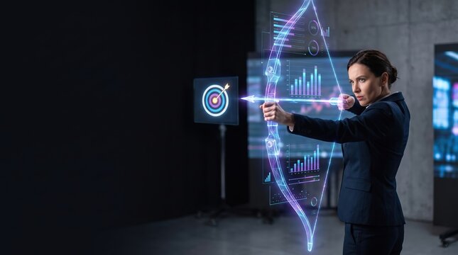 Businesswoman aiming holographic bow made of data analytics at target, representing precision marketing and data-driven strategy.