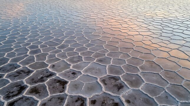 Cracked salt flats landscape with polygonal patterns and pastel sunset reflections