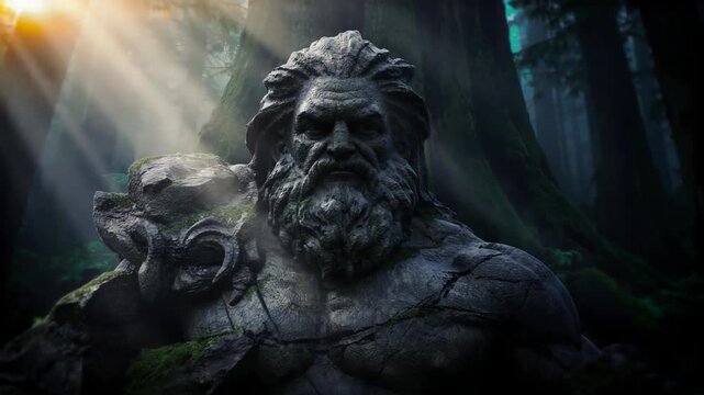 Ancient Stone God Statue Emerging From Mystical Forest with Dramatic Sunlight Beams Cinematic Fantasy Concept