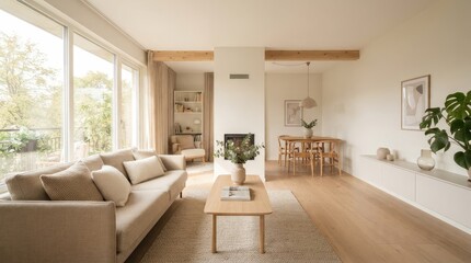 Fototapeta premium Modern Minimalist Living Room Interior Design Featuring Light Wood Furniture and Natural Sunlight in a Spacious Airy Apartment Home