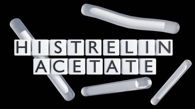 A 3d rendering of flexible subdermal implants with letter blocks spelling out "HISTRELIN ACETATE." The representation of hormone therapy, and advanced long-acting drug delivery systems.
