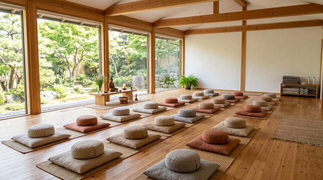 Zen meditation room with altar and garden view.