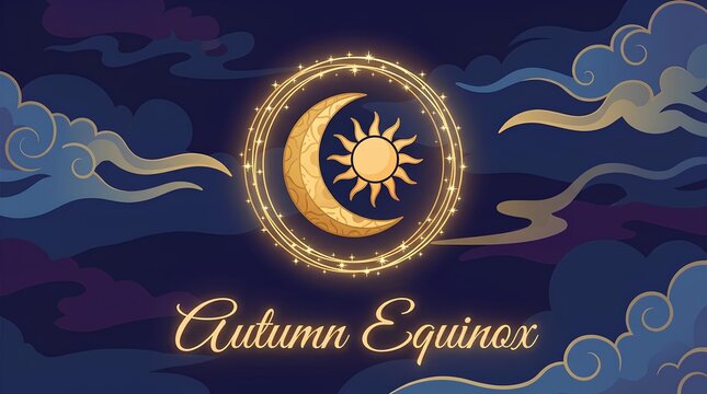 Celestial autumn equinox illustration with crescent moon sun symbol and golden clouds.