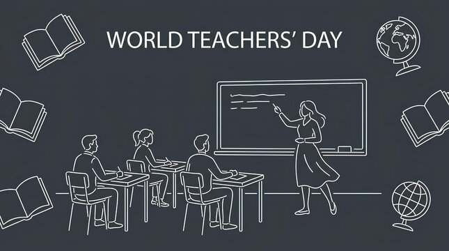 Chalkboard line art style illustration for World Teachers Day with classroom scene.