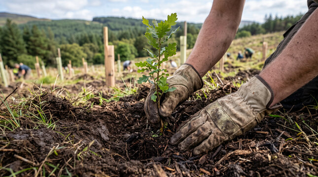 Planting young oak tree seedling in forest ground.