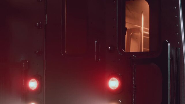 A train is approaching a city station while the lights on its side glow bright red. The interior of the train can be seen through the windows. People wait on the platform.