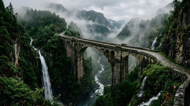 Dramatic landscape with stone bridge and waterfalls in a misty mountain valley