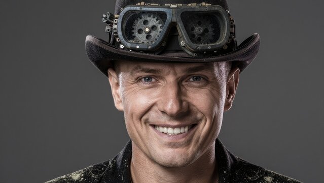 Portrait of Smiling Man in Vintage Top Hat with Goggles