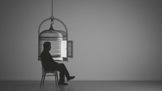 Contemplative Man in Shadow of Birdcage on Minimalist Background
