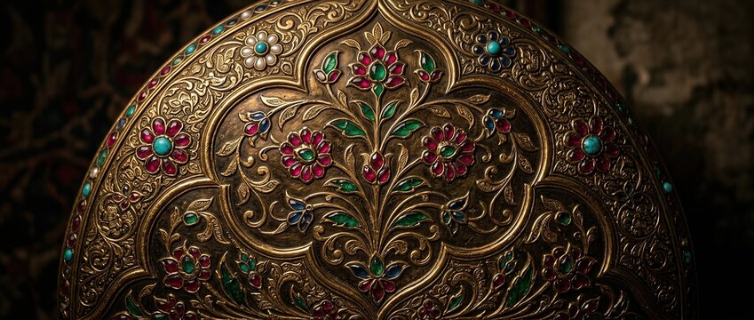 mughal arts golden shield with gemstone inlay and floral carvings