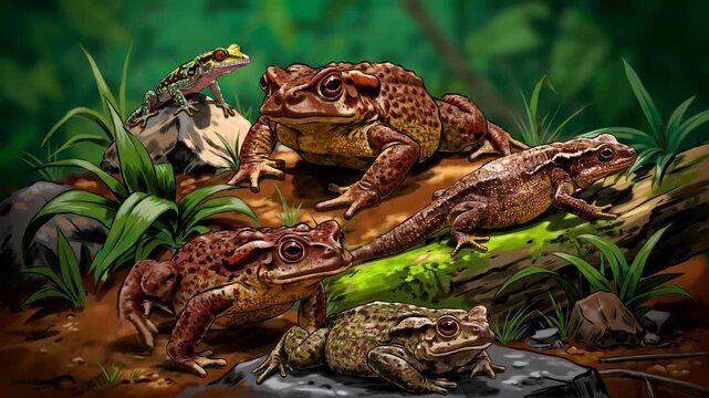 Frogs Resting on Mossy Rocks in Lush Forest Environment Realistic Illustration Nature Wildlife Concept