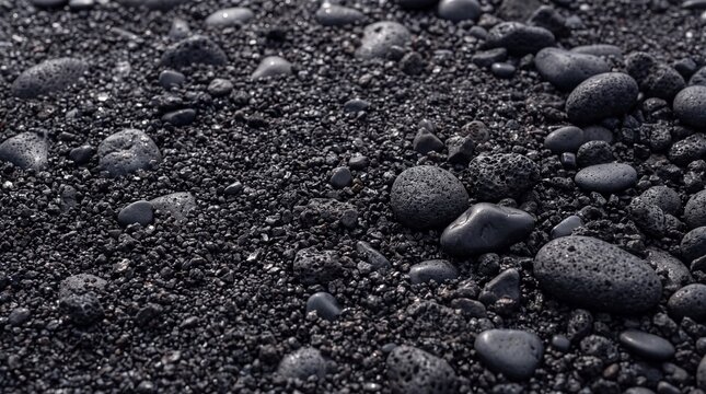 Volcanic black sand beach texture, dark basalt pebbles and lava stones, moody coastal ground background for nature design