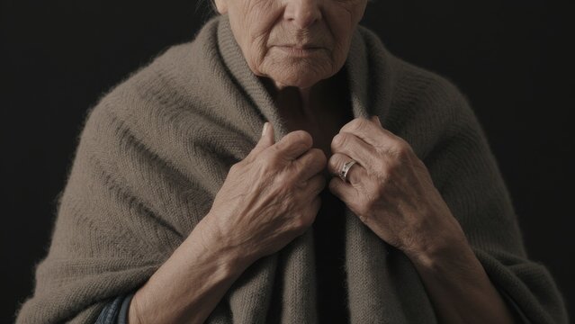 Elderly Woman with Thoughtful Expression Wrapped in Cozy Shawl