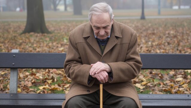 Sad elderly man sitting alone on park bench in autumn scenery