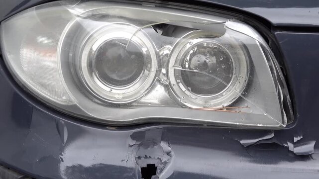 A close up view of a broken headlight and chipped paint on the front bumper of a dark grey car.