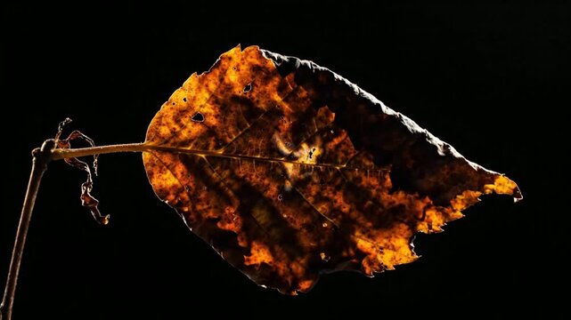 Withered autumn leaf burning in slow motion: cinematic macro close-up of decay and fire on isolated black background