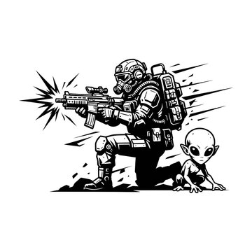 Soldier shooting rifle while alien baby crawls nearby in action scene