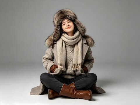 Young woman in warm winter clothes sitting on grey background