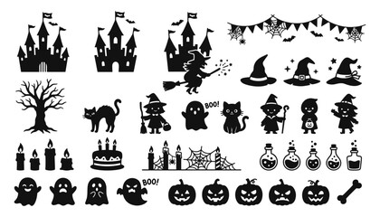 Obraz premium Halloween Elements Set with Castles, Witches, Pumpkins, and Spooky Decorations Featuring Vector, Illustration