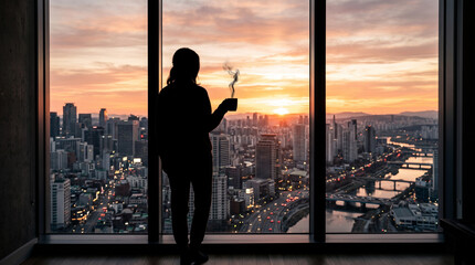 Fototapeta premium Woman silhouette in front of big window with cityscape at sunset.