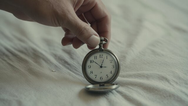 Vintage Pocket Watch Held by a Hand on Soft Textured Fabric Surface