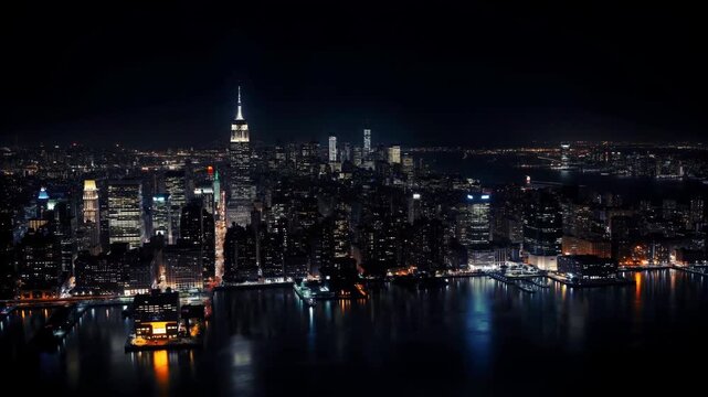 Illuminated New York City Skyline at Night From Aerial Perspective Cinematic Urban Landscape