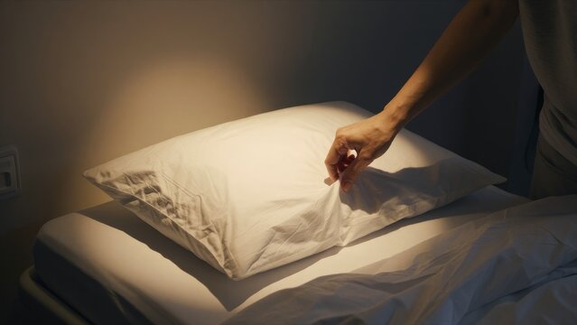 Hand Adjusting Pillow on Bed in Soft Ambient Light Setting