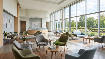 Fototapeta premium Spacious reception waiting area with comfortable chairs and natural light.