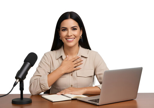 Smiling woman speaking into microphone with laptop isolated on white background