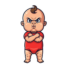 Angry Baby Cartoon Mascot in Red Onesie with Arms Crossed Stubborn Toddler Character