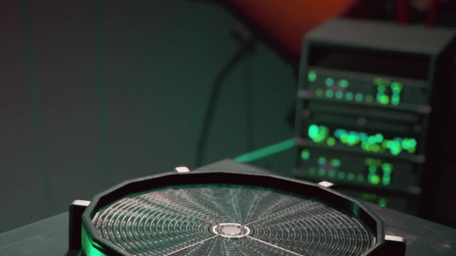 A group of screens shows green lights in a technology setup at a live event venue. Equipment is arranged to support sound and lighting tasks. The location is busy with activity.